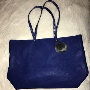 Blue Tote Bag with Gray Fluffy Keychain